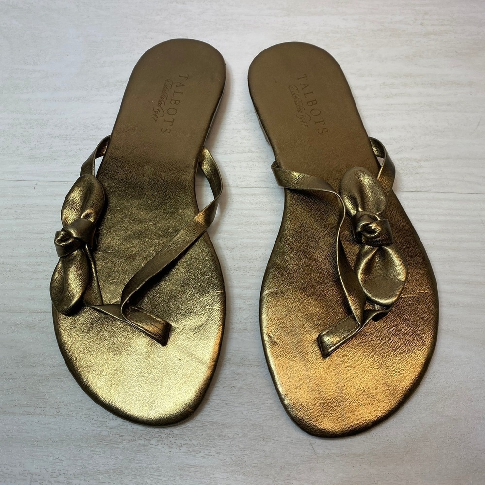 Talbots Womens 7 Flip Flop Sandals Bow Gold Leather Metallic Flat Thong Summer